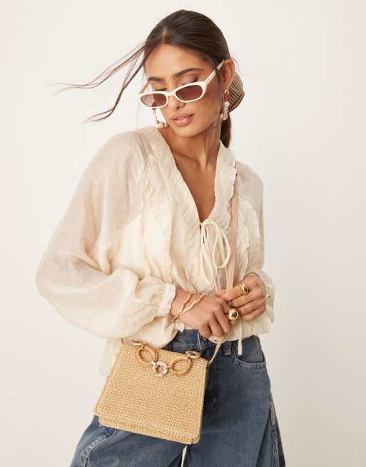 ASOS DESIGN - Borsa di paglia neutra con tracolla e manico in resina, 3 di 4