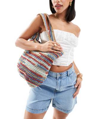 ASOS DESIGN - Borsa shopping a righe multicolore in paglia con design all'uncinetto realizzato a mano 