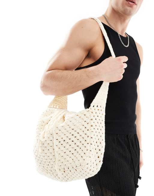 ASOS DESIGN - Borsa shopping all'uncinetto con chiusura arricciata color crema