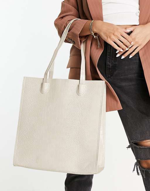 ASOS DESIGN - Borsa shopping color crema effetto coccodrillo con scomparto per laptop 