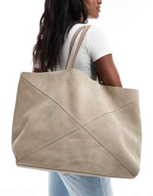 ASOS DESIGN - Borsa shopping color pietra in camoscio premium a pannelli