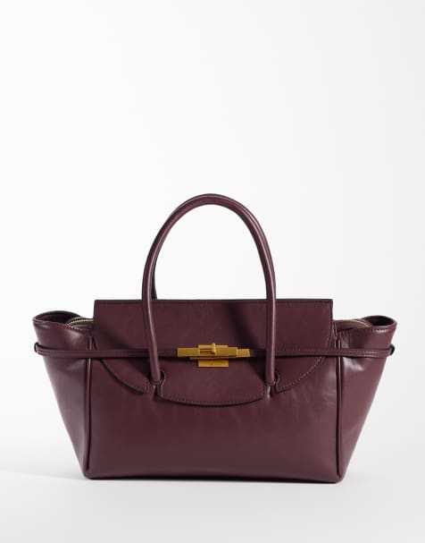 ASOS DESIGN - Borsa shopping con manico bordeaux con dettaglio in metallo e cinturino - view 1