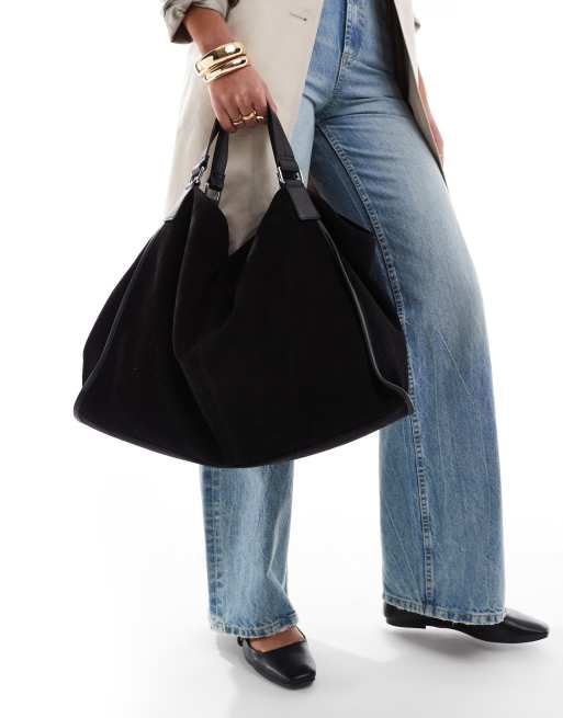 ASOS DESIGN - Borsa shopping grande in camoscio nera con profili in pelle , 2 di 4