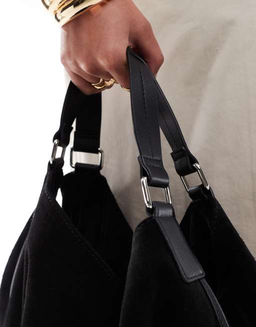 ASOS DESIGN - Borsa shopping grande in camoscio nera con profili in pelle , 3 di 4
