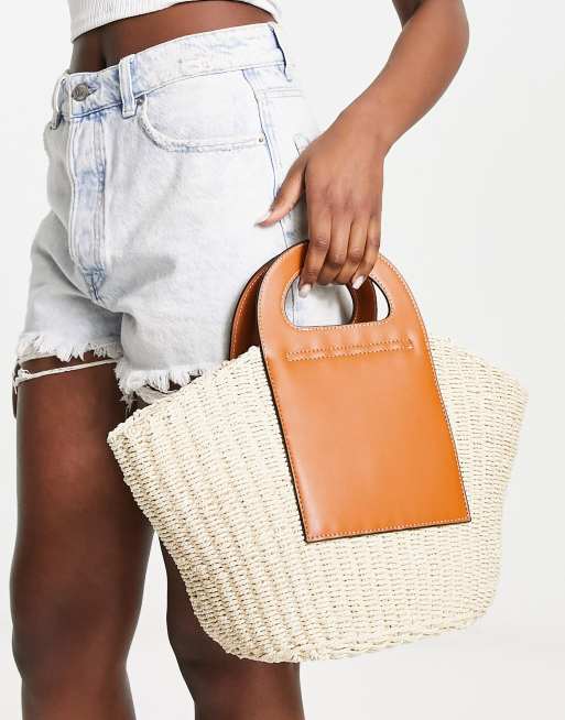 ASOS DESIGN - Borsa shopping in paglia con manici in pelle