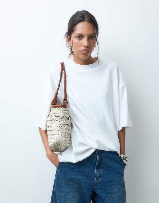 ASOS DESIGN - Borsa shopping in pelle intrecciata bianca, 4 di 5