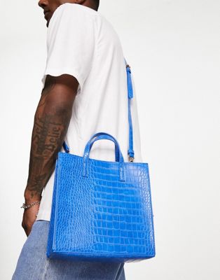 ASOS DESIGN faux leather croc tote bag with cross body strap in cobalt  - ASOS Price Checker