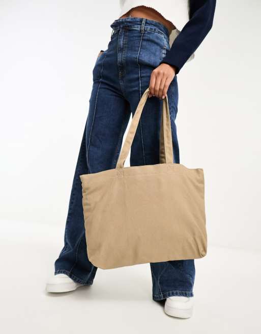 ASOS DESIGN - Borsa shopping in tela color pietra con scomparto per laptop, 2 di 4