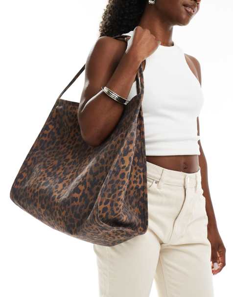 ASOS DESIGN - Borsa shopping in tela marrone leopardata con manico tubolare - view 1