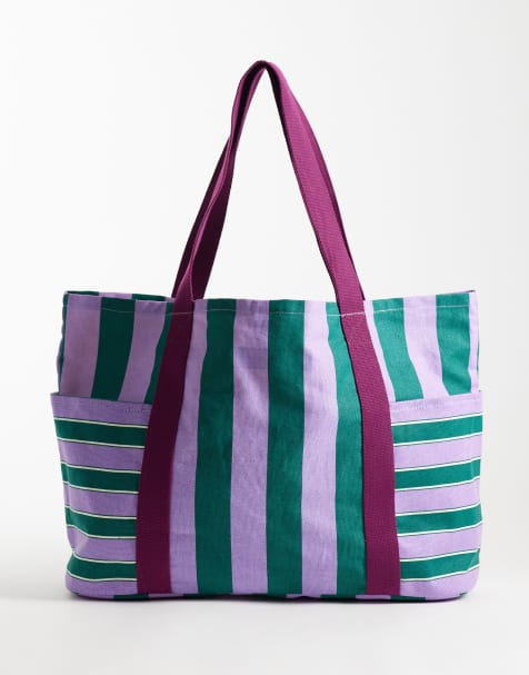 ASOS DESIGN - Borsa shopping in tela viola e verde a righe larghe - view 1