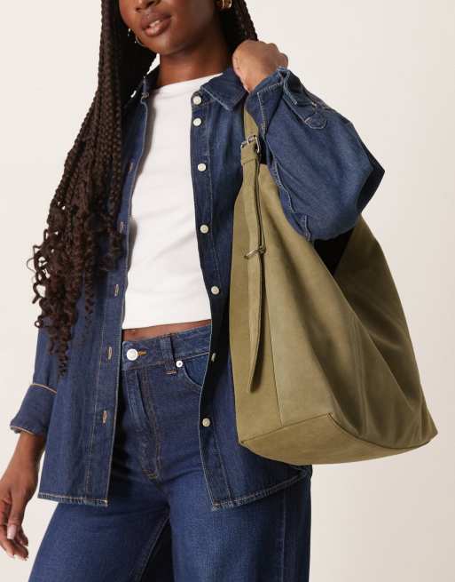 ASOS DESIGN - Borsa shopping morbida in camoscio kaki con fibbia, 4 di 4