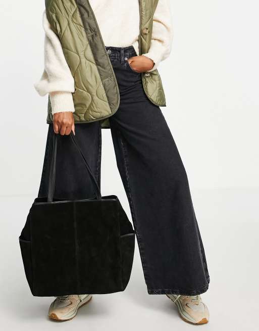 ASOS DESIGN - Borsa shopping nera in camoscio con finiture in pelle
