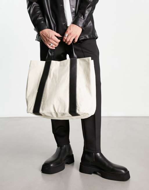 ASOS DESIGN - Borsa shopping oversize in cotone pesante écru con manici in pelle sintetica