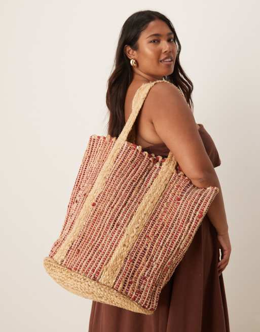 ASOS DESIGN - Borsa shopping premium in iuta e paglia a righe multicolore