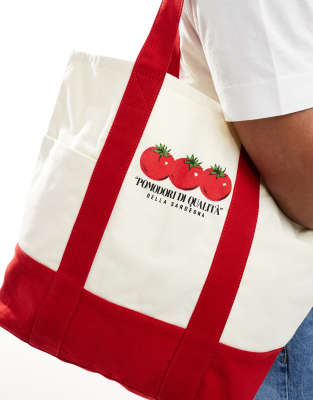 ASOS DESIGN - Borsa shopping rossa ed écru in tela con stampa di pomodori - view 1