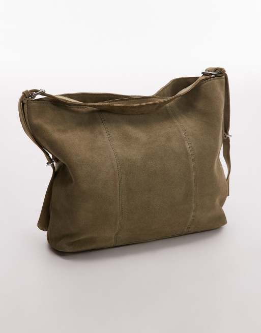 ASOS DESIGN - Borsa shopping verde salvia in camoscio con fibbia, 4 di 4