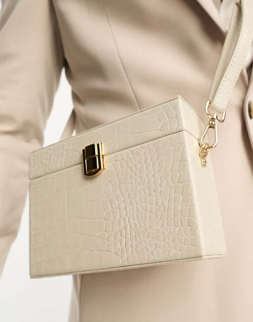 ASOS DESIGN - Borsa squadrata in pelle sintetica écru coccodrillo con chiusura