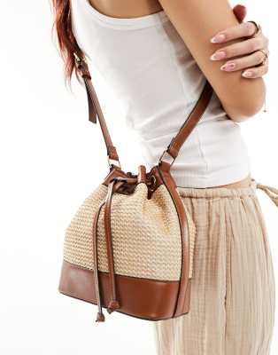 Borsa A Secchiello In Tela Di Cotone Con Coulisse - Piccola Tracolla Boho, Regolabile, Con Tasca Interna, Colore Cammello