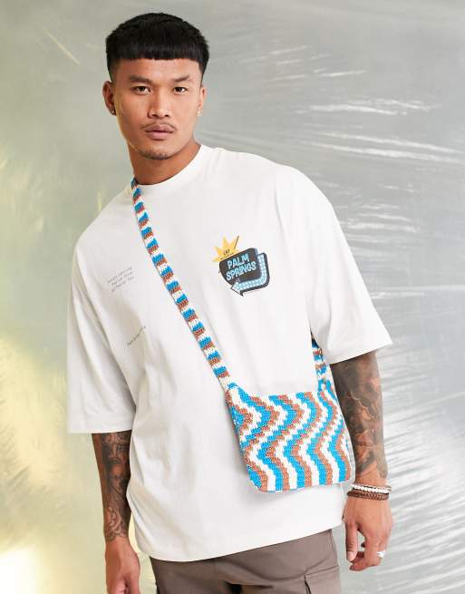 ASOS DESIGN - Borsetta a tracolla lavorata blu e marrone fantasia