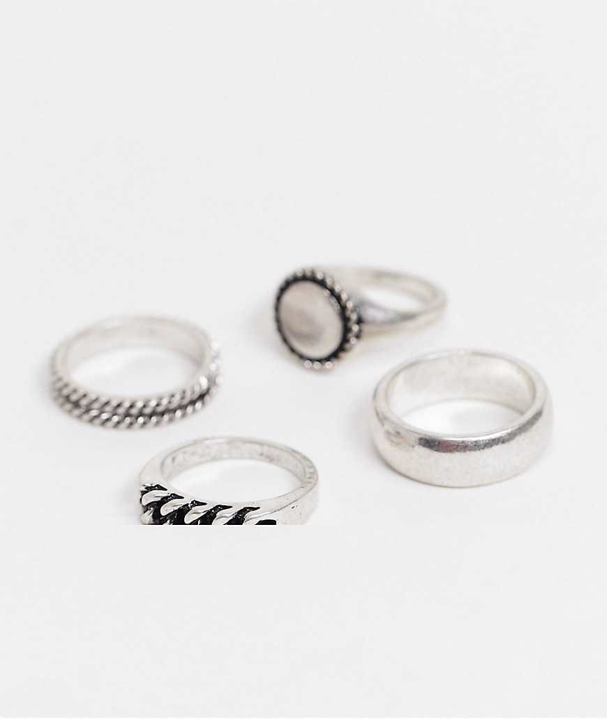ASOS DESIGN – Borstade silverfärgade ringar med kedje- och klackdesign, 4-pack