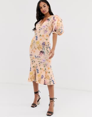 asos design botanical floral plunge belted pleated midi dress
