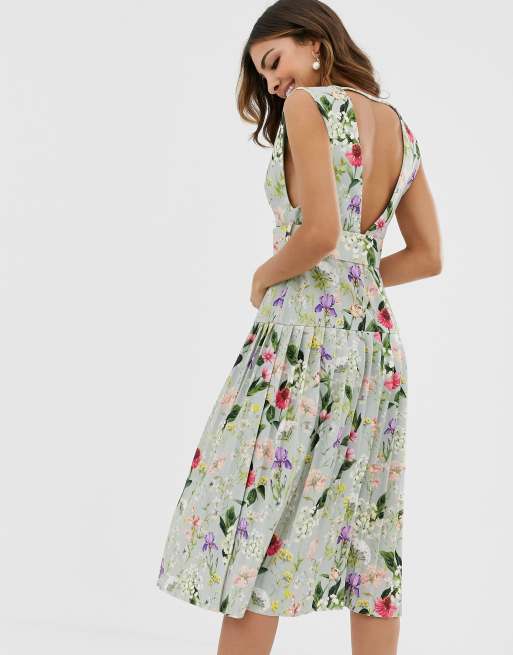 Asos design botanical floral plunge belted 2025 pleated midi dress