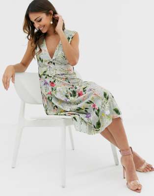 asos design botanical floral plunge belted pleated midi dress