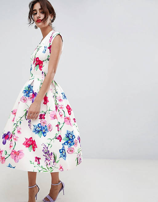 ASOS DESIGN botanical panelled deep plunge prom midi dress