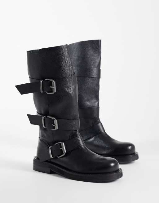 ASOS DESIGN - Botas altas holgadas estilo boho de piel auténtica con hebilla en negro, 2 de 4