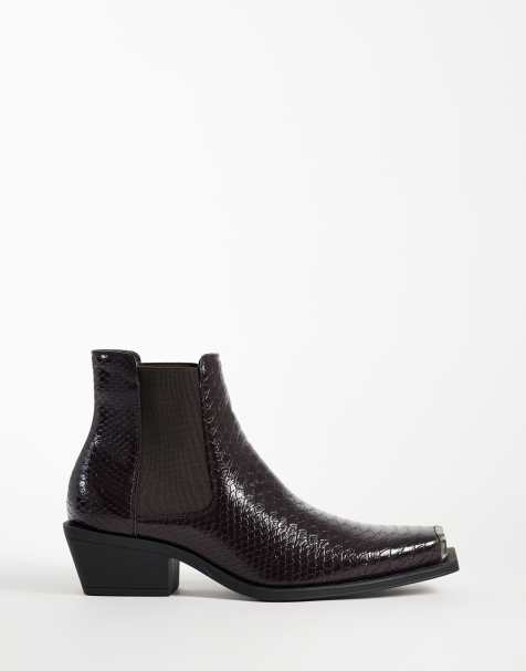 ASOS DESIGN botines Chelsea con tacón cubano y puntera metálica en burdeos efecto cocodrilo - view 1