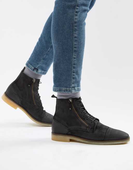 ASOS DESIGN - Bottes à lacets en daim zippées avec semelle naturelle - Noir