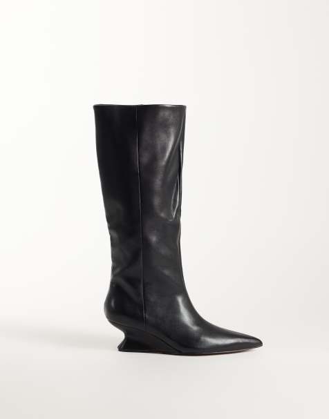 ASOS DESIGN bottes hauteur genou à enfiler à talon compensé Cinder noires - view 1