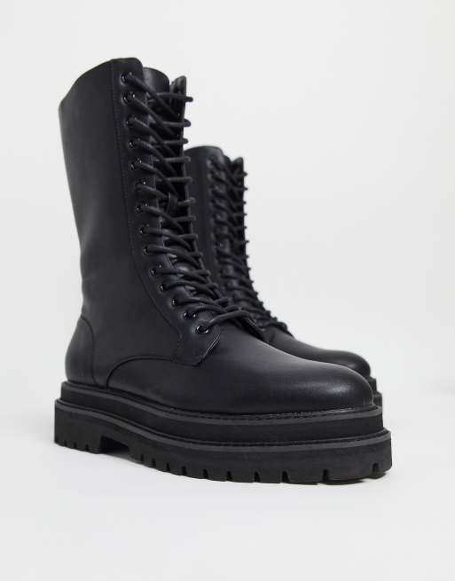 ASOS DESIGN Bottes hauteur mi mollet en similicuir lacets et semelle paisse Noir