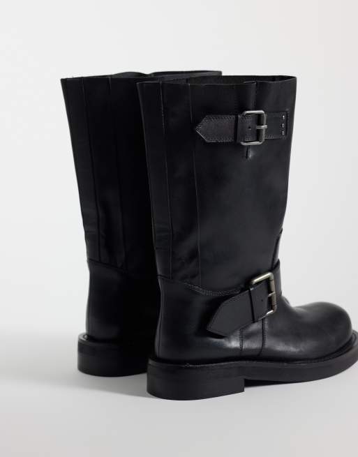 ASOS DESIGN bottes motardes mi-mollet à enfiler en cuir véritable noires, 3 de 4