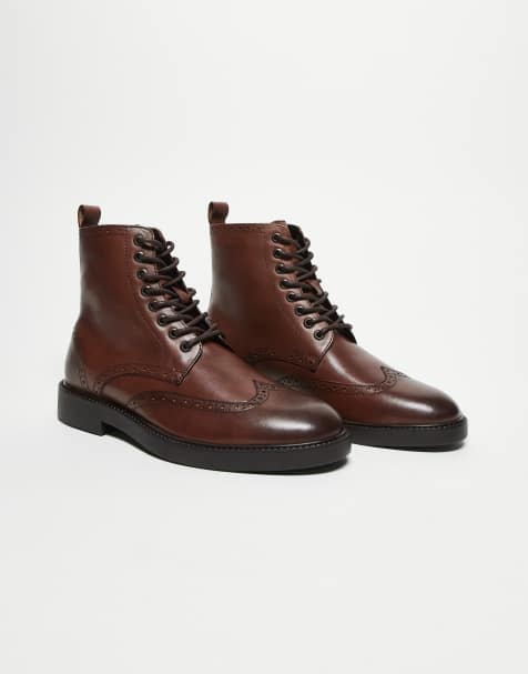 ASOS DESIGN - Bottines à lacets en cuir avec détail style richelieu - Marron - view 1