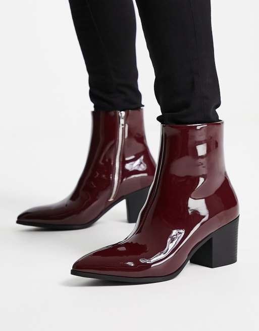 ASOS DESIGN Bottines a talon en imitation avec semelle contrastante Bordeaux verni