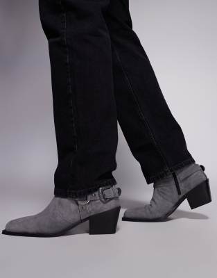 ASOS DESIGN - Bottines chelsea en daim avec talon cubain et boucles - Gris