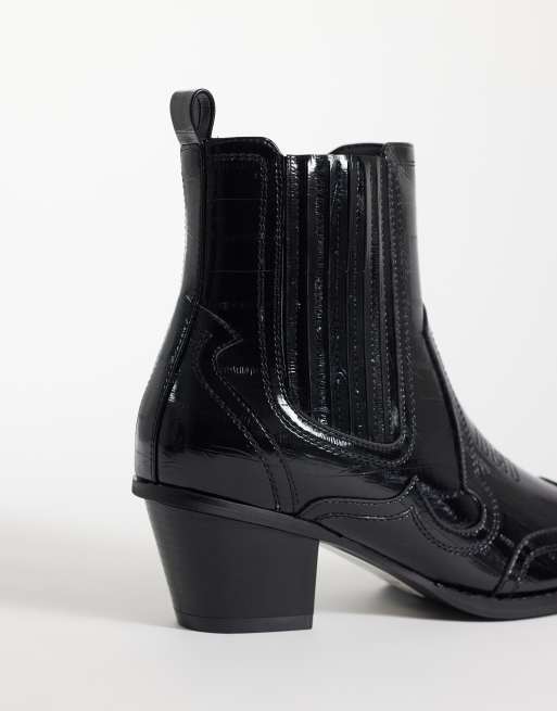 ASOS DESIGN bottines Chelsea western à talon cubain, noir verni effet anguille, 5 de 5