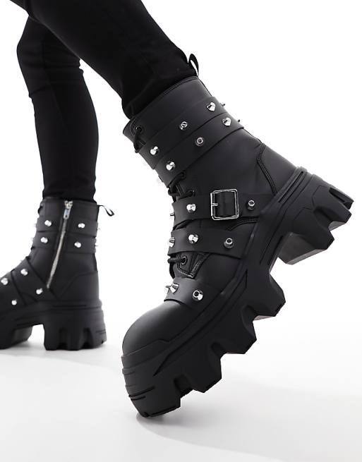 ASOS DESIGN - Bottines en similicuir à lacets et semelle chunky avec brides cloutées - Noir | ASOS
