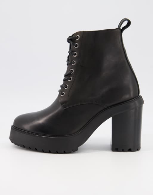 ASOS DESIGN - Bottines lacées en cuir à talon et semelle compensée - Noir