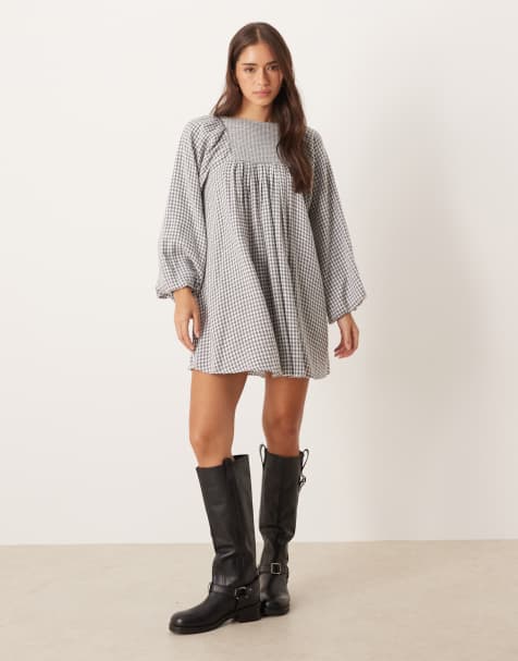 ASOS DESIGN boucle baby doll mini dress with volume sleeve in grey houndstooth - view 1