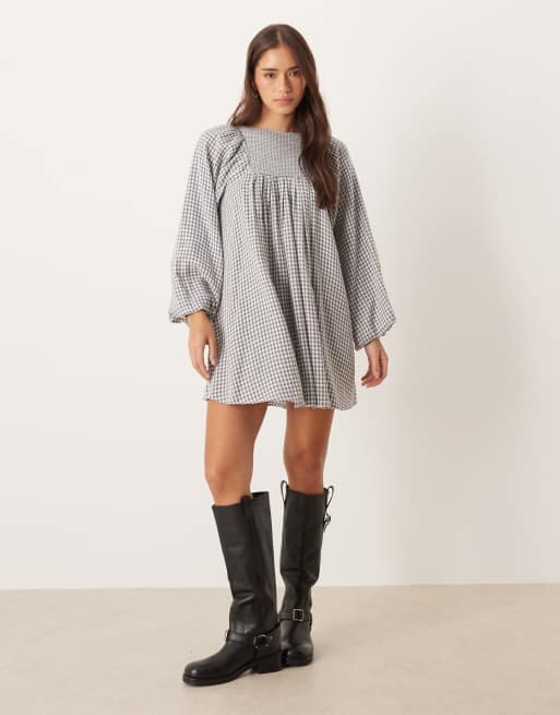 ASOS DESIGN boucle baby doll mini dress with volume sleeve in grey houndstooth, 3 of 4