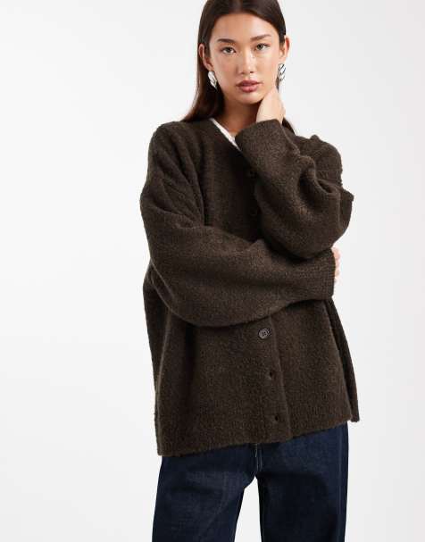 ASOS DESIGN boucle boyfriend cardigan in chocolate - view 1