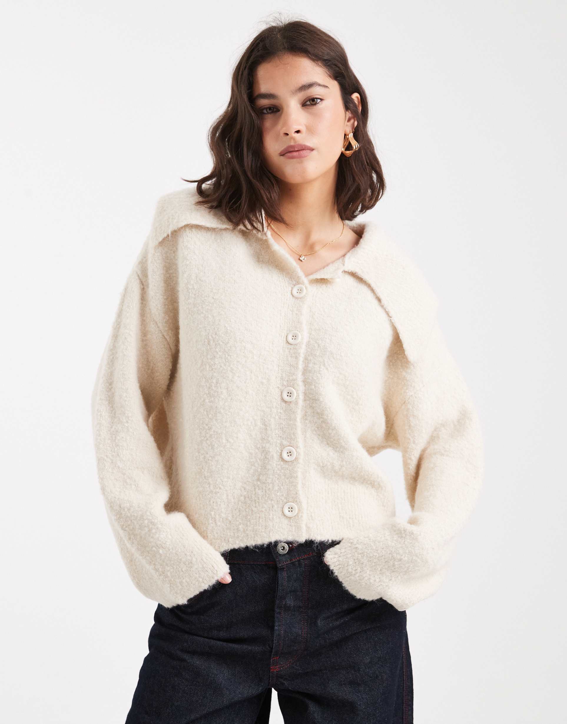 asos design boucle cardigan with flyaway collar in cream