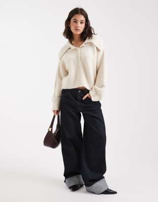Asos Design Boucle Cardigan With Flyaway Collar In White