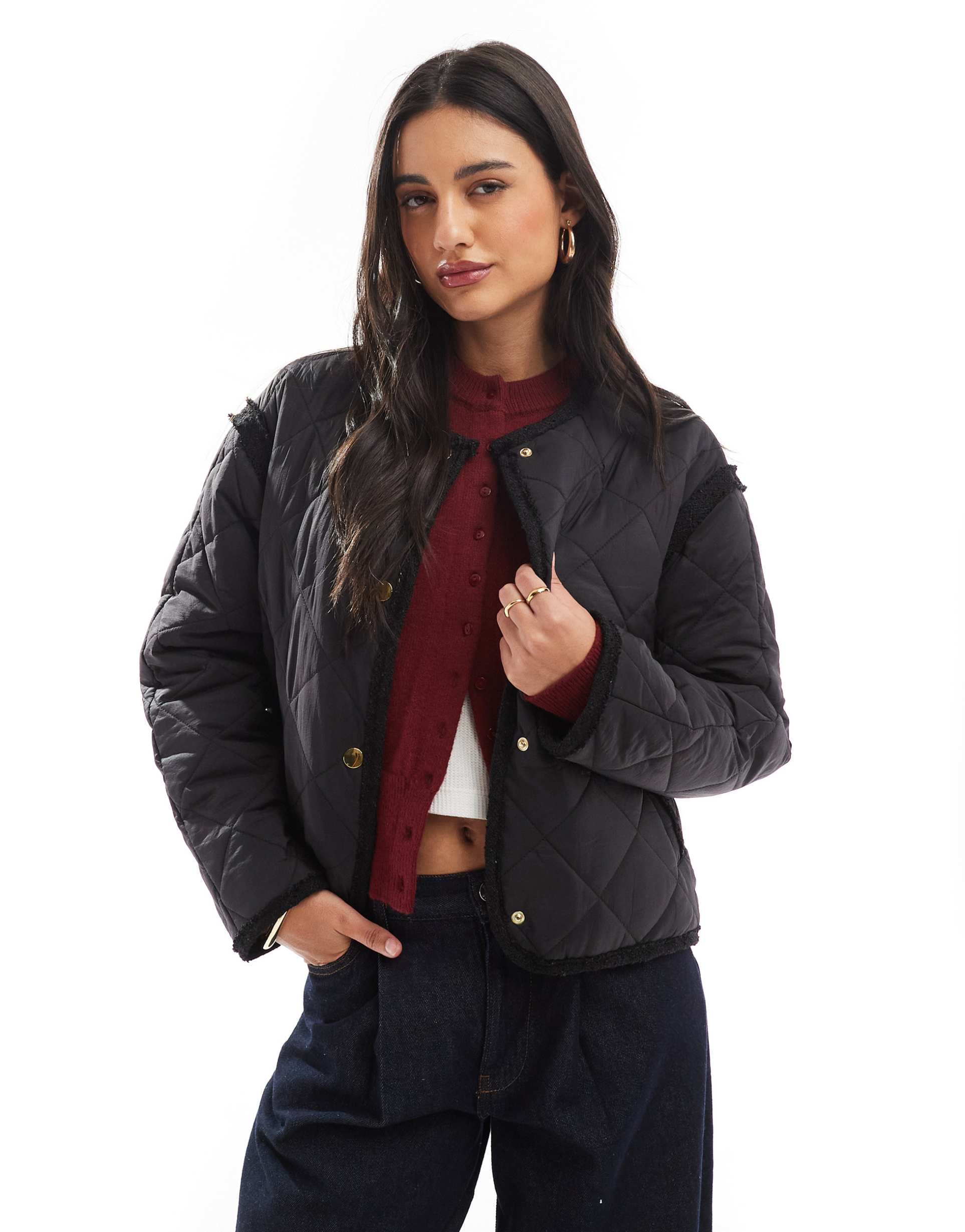 asos design boucle collarless quilted jacket in black