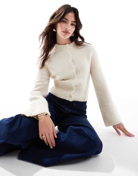 ASOS DESIGN boucle crew neck cardigan in cream - view 1