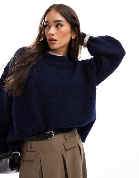 ASOS DESIGN boucle crew neck jumper in navy - view 1