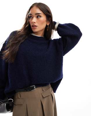 Asos Design Boucle Crew Neck Sweater In Navy