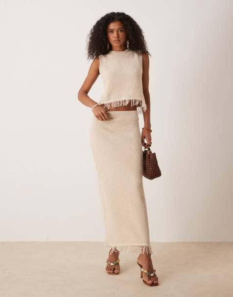 ASOS DESIGN boucle fringe hem tank & maxi skirt set in stone - view 1